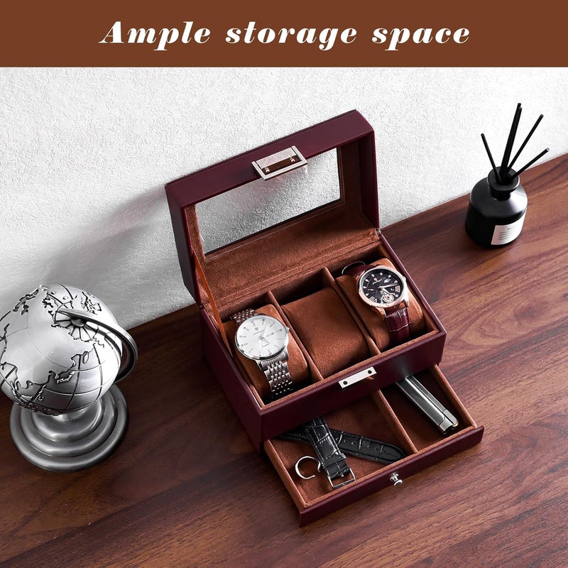 Procase صندوق ساعة، علبة عرض ساعات بـ 3 فتحات مع درج، علبة ساعات للرجال بغطاء زجاجي، منظم تخزين مجوهرات للرجال بطبقتين، هدايا عيد الميلاد وعيد الميلاد للرجال - 3 فتحات، إسبريسو - Image 2